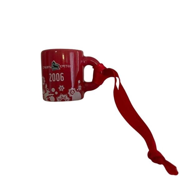 Caribou Coffee Ornament Mini Mug 2006 White Leaping Caribou and Snowflakes - Picture 3 of 5